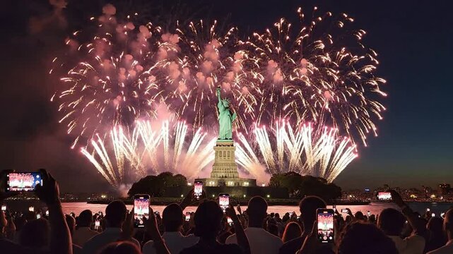 Fourth of july fireworks over the statue of liberty with crowd recording on smartphones in new york city