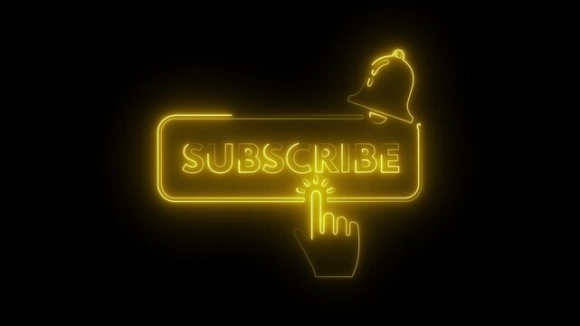 Yellow neon subscribe button with notification bell icon and clicking hand cursor on dark background animation.