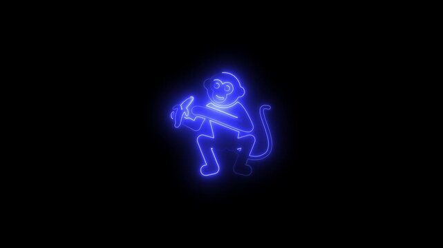 Neon blue monkey eating banana animation, glowing animal for digital signage and motion