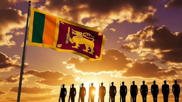 Sri lanka flag waving in the wind with silhouette soldiers standing at attention during sunset national flag