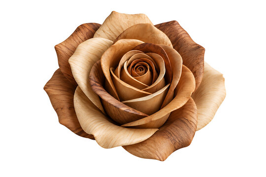 Carved wooden rose flower with natural textures isolated on transparent background