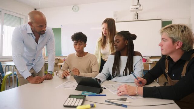 Teacher helping multiracial students working together on a project in a classroom