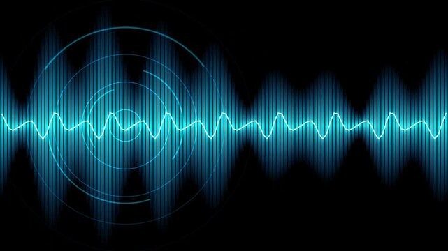 Blue sound wave equalizer graphic with concentric circles on a black background