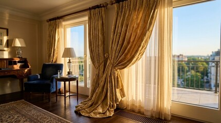 Fototapeta premium Luxury hotel suite interior with golden curtains and balcony view