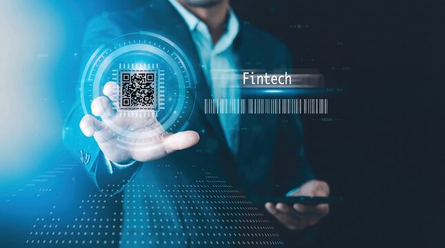 Fintech digital payment technology with QR code, businessman scanning barcode on holographic interface, futuristic banking tech.