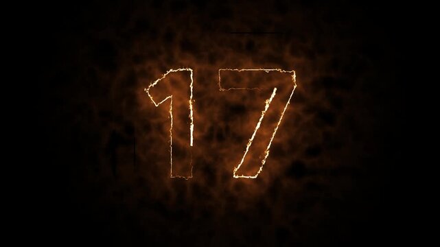 Text fire number count animation, Single Number made of Fire, Glowing neon 17 letter video motion design, black background & 4k video