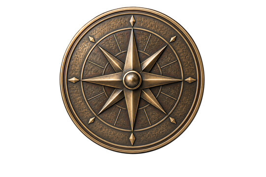 Vintage metallic compass rose with intricate navigational star design isolated on transparent background