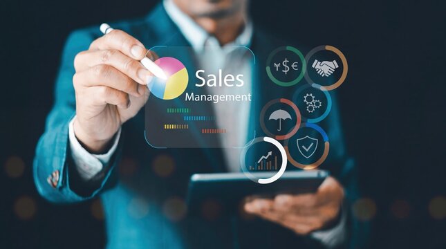 Sales management digital dashboard with businessman using stylus, financial data analysis on virtual screen, business growth