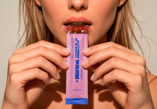 Woman with Jelly Stick Pack Mockup
