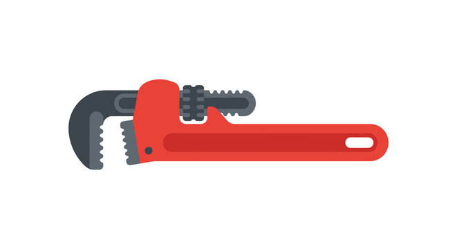 Red pipe wrench illustration on a white background featuring a serrated adjustable jaw
