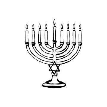 Monochrome Hanukkah menorah with star of David and nine lit candles illustration