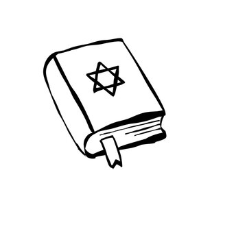 Hand-drawn illustration of a book with a star of David and a bookmark