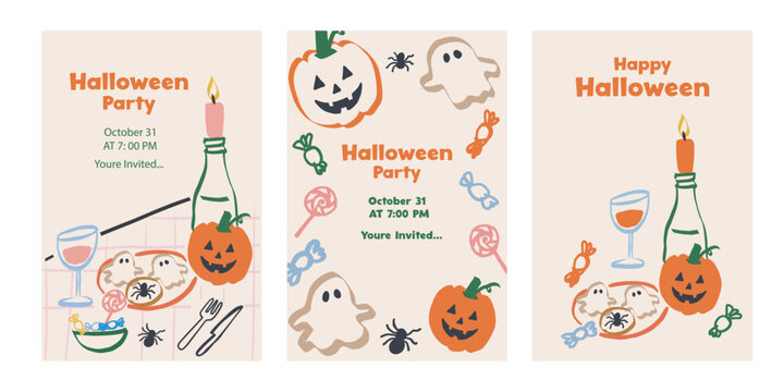 Festive Halloween party invitations with ghosts, pumpkins, and spooky decorations