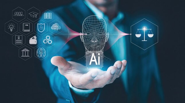 Artificial intelligence ethics and digital law concept, businessman holding glowing AI head with scales of justice, tech data.