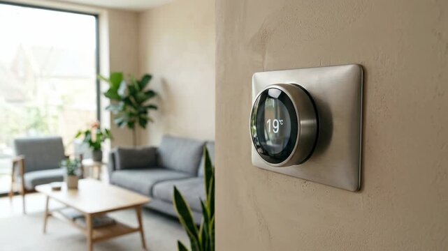 Close-up of a sleek smart thermostat displaying 19&deg;C, indicating temperature control within a contemporary living room with comfortable seating