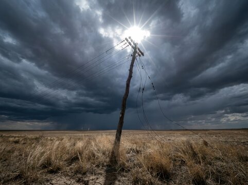 Storm Battered Power Pole in Dark Prairie Field Under Dramatic Clouds