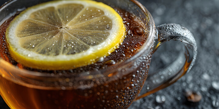 Macro Shot of Condensation Covered Glass Tea Cup Filled With Refreshing Amber Beverage and Floating Lemon Slice on Wet Black Stone Table Backdrop