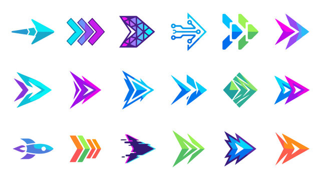 Collection of vibrant abstract arrow and speed logos representing innovation technology and forward movement