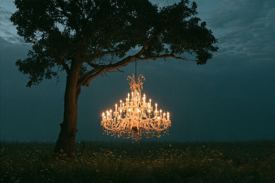 Illuminated chandelier hanging from tree branch at dusk