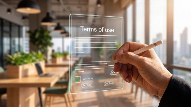 Terms of use digital agreement signing, hand with stylus on holographic interface, legal contract in modern office setting.
