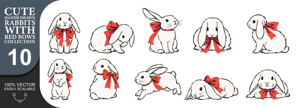 Lop eared white bunny rabbits with red bows illustration features ten hand drawn designs of long ear rabbits in cute poses for spring holiday and card layout.