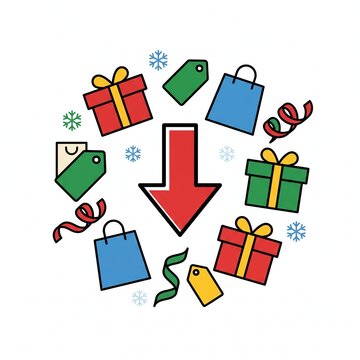 Colorful vector illustration featuring a large red down arrow surrounded by Christmas gifts, shopping bags, price tags, ribbons, and snowflakes, symbolizing holiday price drops.   