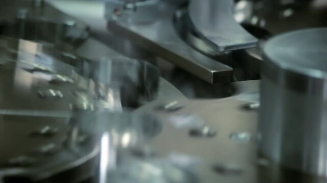 Rotating stainless machinery parts close up. Food factory production equipment.