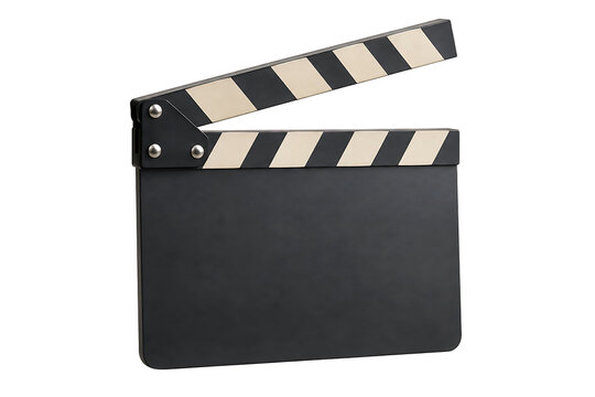Blank black cinema clapperboard film slate open isolated on transparent background