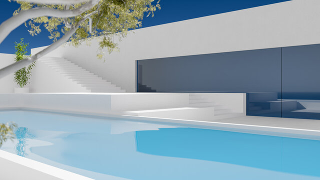 Modern luxury villa swimming pool white concrete walls blue sky. Minimal architecture house glass window plaster stairs green tree resort hotel patio presentation showcase template, 3d render