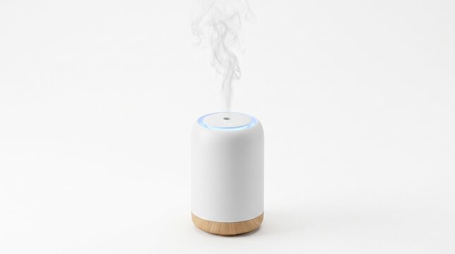 Modern white essential oil diffuser with blue LED light and natural wood base emitting a gentle mist of steam