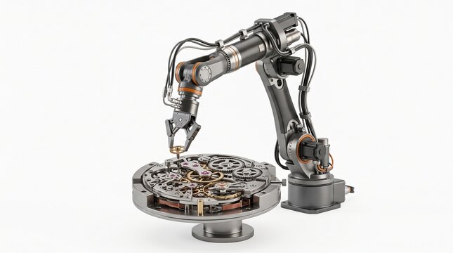 Precision Robotic Arm Assembling Intricate Watch Movement Gears on a White Background