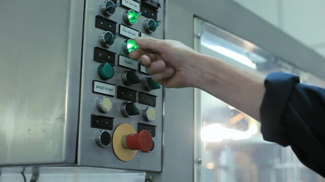 Worker hand pressing button industrial control panel. Close up factory operator.