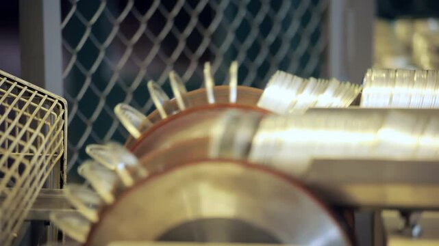 Metal foil lids rotating carousel dairy plant. Close up packaging machinery.