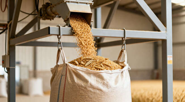 Wheat grain pours from a hopper into a large bulk bag inside an industrial processing facility, illustrating agricultural harvest, grain storage, bagging operations