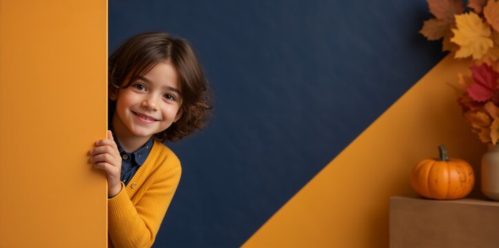 Smiling young boy peeking from behind yellow wall. Cheerful child portrait with autumn pumpkin decoration. Copy space for advertisement