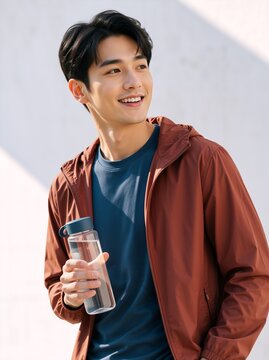 Smiling East Asian man holding clear reusable water bottle outdoors. Vertical portrait of sporty male in brown jacket. Healthy lifestyle and hydration concept