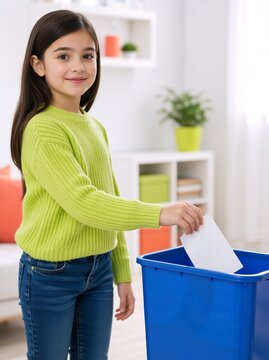 Smiling girl throwing paper into blue bin. Vertical portrait of child sorting waste and recycling at home