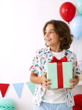 Smiling boy holding a birthday gift box at a party. Vertical portrait of happy child with wrapped present. Celebration concept