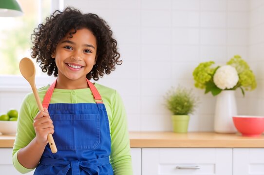 Smiling girl wearing apron holding wooden spoon in bright kitchen. Young female child chef ready to cook at home