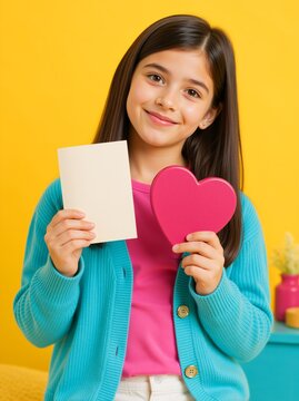 Smiling girl holding blank greeting card and pink heart. Vertical portrait of happy child with invitation card on yellow background. Mother's Day and Valentine's Day concept