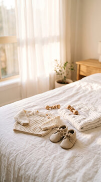 Baby clothes on bed sheet in modern commercial stock setting