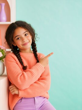 Vertical portrait of a smiling young girl pointing to copy space. Happy child with braided hair in knit sweater against pastel background