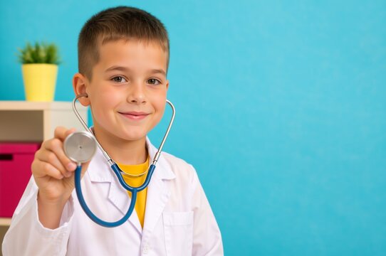 Smiling boy dressed in a white lab coat holding a stethoscope. Child playing doctor with medical equipment on blue background. Healthcare and future profession concept