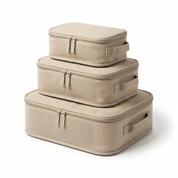 Stacked gray luggage suitcases ready for travel isolated on white background