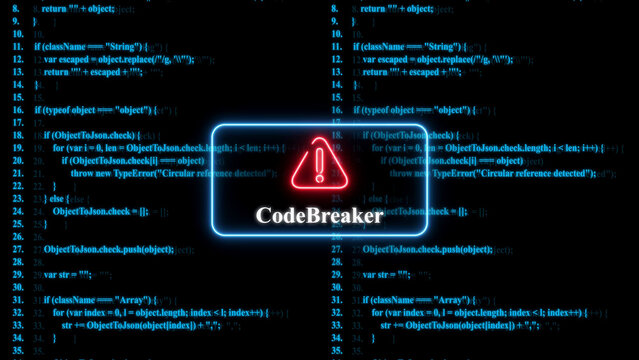 A glowing red warning triangle with the text code breaker centered over a dark blue background, of scrolling computer, programming code