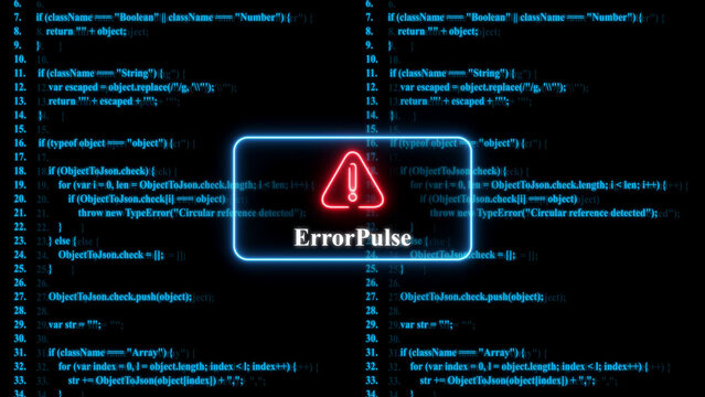 A glowing red warning with the text error pulse centered over a dark blue background, filled with lines, of computer programming code