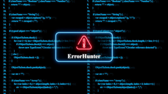 A glowing red warning with the text error hunter centered over a dark blue background, filled with lines, of computer programming code