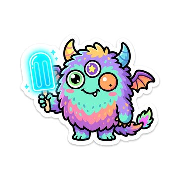 Cute monster holds a glowing ice pop