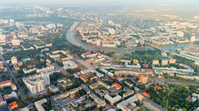 Oryol, Russia. View of the city from the air. Summer, Cloudy weather. Drone footage