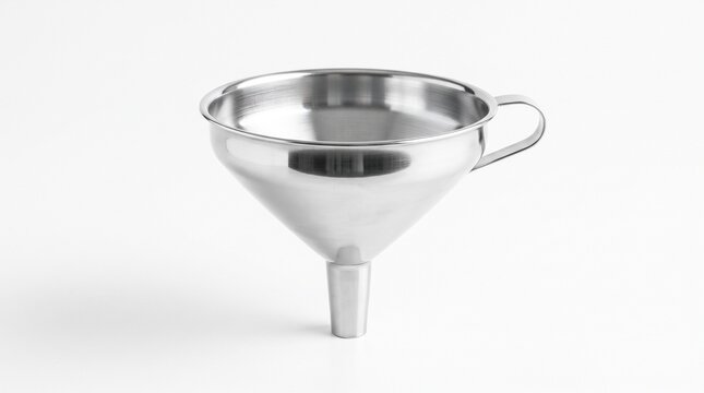 Stainless steel kitchen funnel with handle, metallic metal funnel isolated on white background, essential culinary utensil for liquid pouring